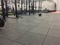 Tiles installed with equipment|Tiles installed in gym|Gray Fleck Color|Blue Fleck Color|Blue/Gray Fleck|Tan Fleck Color|Bright Red Fleck