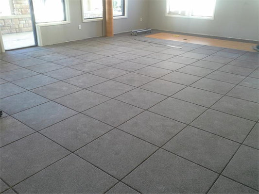 Tiles installed with equipment|Tiles installed in gym|Gray Fleck Color|Blue Fleck Color|Blue/Gray Fleck|Tan Fleck Color|Bright Red Fleck