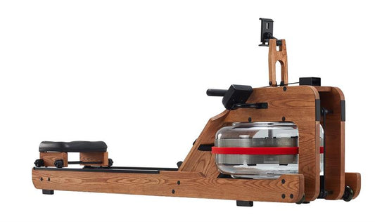 Commercial Water Rower|Tank close up|Seat and Pedals|In stored position