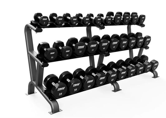 15 pair dumbbell rack in platinum color|Platinum rack loaded with dumbbells|Side view of rack|15 pair dumbbell rack in matte black color