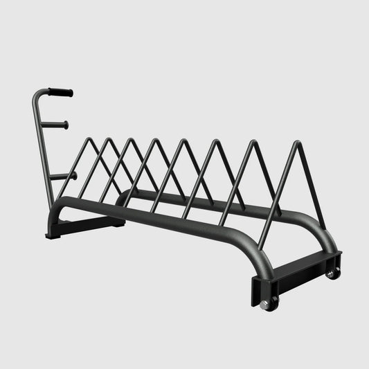 side view of plate rack without plates showing wheel end of rack