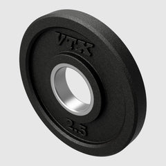 Closeup of 2.5lb rubber Olympic plate in color black with embossed logo and lb designation