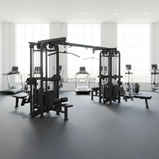 Jungle gym shown on the floor of a fitness facility from the left front angle