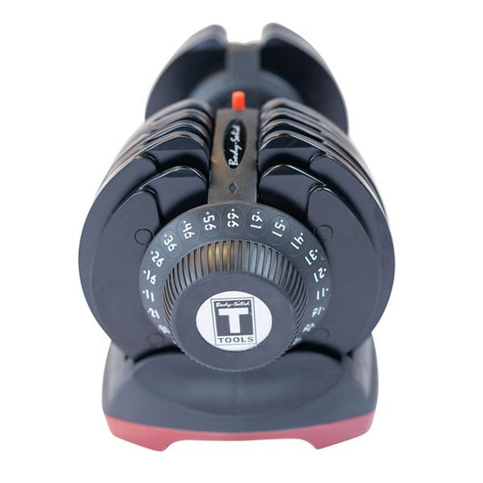 Adjustable Dumbbell Pair|Weight Dial Adjustment|Top view of handle|With optional dumbbell stand