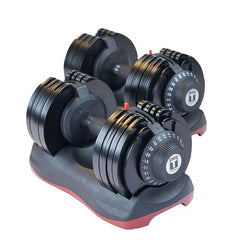 Adjustable Dumbbell Pair|Weight Dial Adjustment|Top view of handle|With optional dumbbell stand