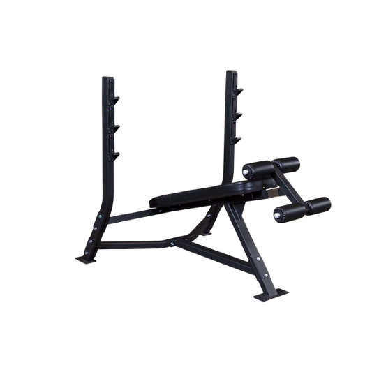 Olympic Decline Bench|Bench in use|Leg hold down adjustment|Bench loaded with weights
