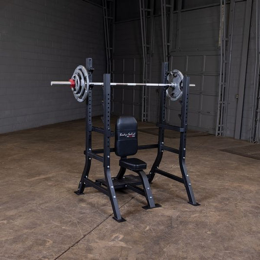 Olympic Shoulder Press Bench|Bench loaded with weights|In use|Safety crash bars|Seat back rest|Spotter Platform