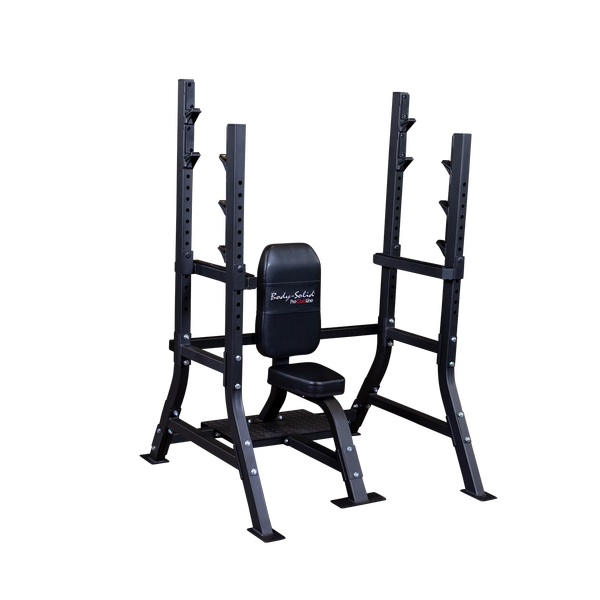 Olympic Shoulder Press Bench|Bench loaded with weights|In use|Safety crash bars|Seat back rest|Spotter Platform