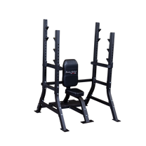 Olympic Shoulder Press Bench|Bench loaded with weights|In use|Safety crash bars|Seat back rest|Spotter Platform