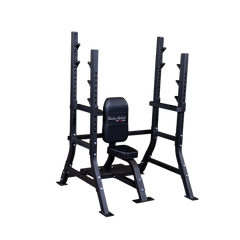 Olympic Shoulder Press Bench|Bench loaded with weights|In use|Safety crash bars|Seat back rest|Spotter Platform