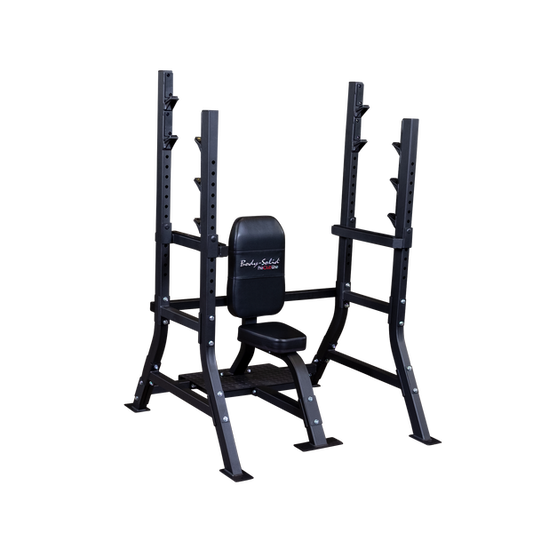 Olympic Shoulder Press Bench|Bench loaded with weights|In use|Safety crash bars|Seat back rest|Spotter Platform