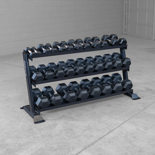Rack loaded with rubber hex dumbbells