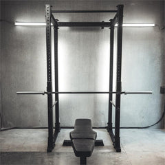 Flat Foot Power Rack Front|In use squat|In use resting|side view with spotter bars|Dip Bar Attachment|Spotter Arms