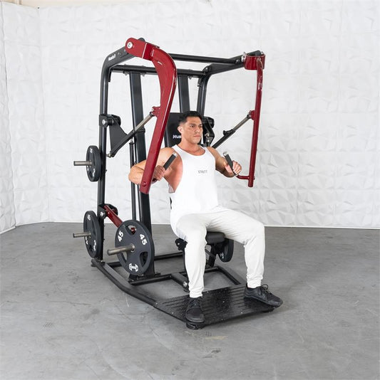 Wide chest press machine|Chest press start position|Chest press end position