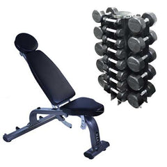 Dumbbells, Storage Rack & Adjustable Bench|