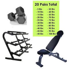 Dumbbells, Storage Rack & Adjustable Bench|