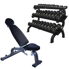 Dumbbells, Storage Rack & Adjustable Bench|