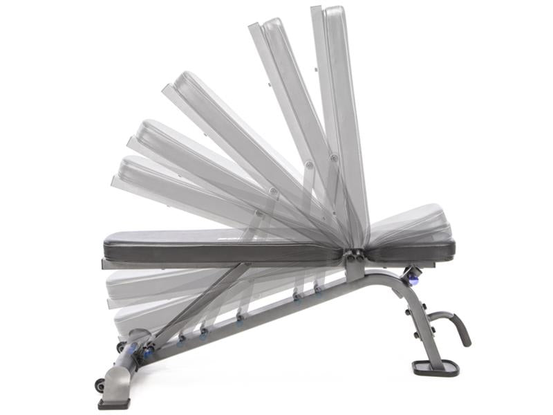 Bench Front Angle|Mid Decline|Full Decline|Flat Position|Upright Position|Back Pad Angles|Seat Angles|Transport Wheels|Arm Curl Attachment|Leg Curl and Extension|Leg Hold Down Attachment