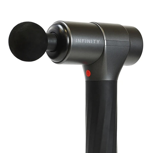 Massage gun in use|Front angle view|Back angle view|Included attachments|Carry case