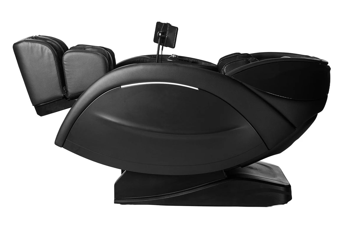 Massage chair in color black in reclined position