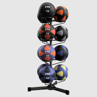 Troy Barbell VTX Wall Ball Package showing storage rack and leather wall ball set
