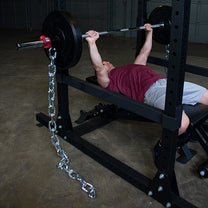 Weightlifting chains|Chains on curl bar|In use squat|In use bench press|In use T-Bar row
