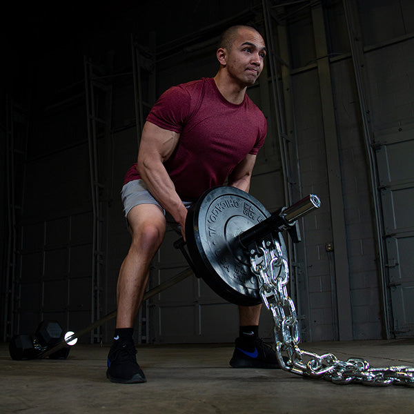 Weightlifting chains|Chains on curl bar|In use squat|In use bench press|In use T-Bar row