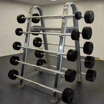 Straight barbell set with strorage rack shown in gym on rubber floorimng