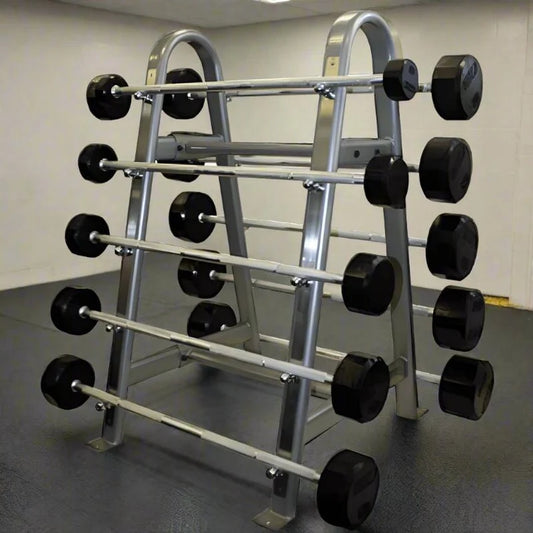Straight barbell set with strorage rack shown in gym on rubber floorimng