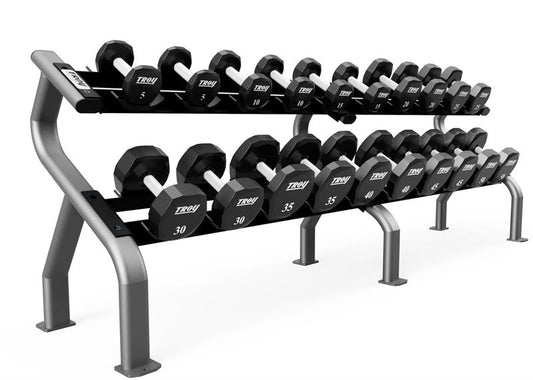 10 pair dumbbell rack in platinum color|Platinum rack loaded with dumbbells|10 pair dumbbell rack in matte black color