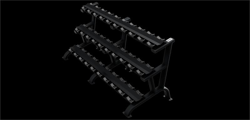 15 pair dumbbell rack in platinum color|Platinum rack loaded with dumbbells|Side view of rack|15 pair dumbbell rack in matte black color