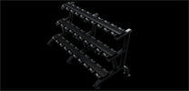 15 pair dumbbell rack in platinum color|Platinum rack loaded with dumbbells|Side view of rack|15 pair dumbbell rack in matte black color