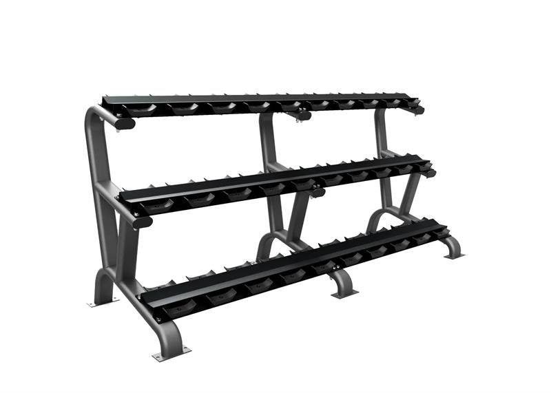 15 pair dumbbell rack in platinum color|Platinum rack loaded with dumbbells|Side view of rack|15 pair dumbbell rack in matte black color