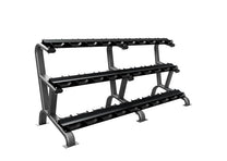15 pair dumbbell rack in platinum color|Platinum rack loaded with dumbbells|Side view of rack|15 pair dumbbell rack in matte black color