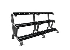 15 pair dumbbell rack in platinum color|Platinum rack loaded with dumbbells|Side view of rack|15 pair dumbbell rack in matte black color
