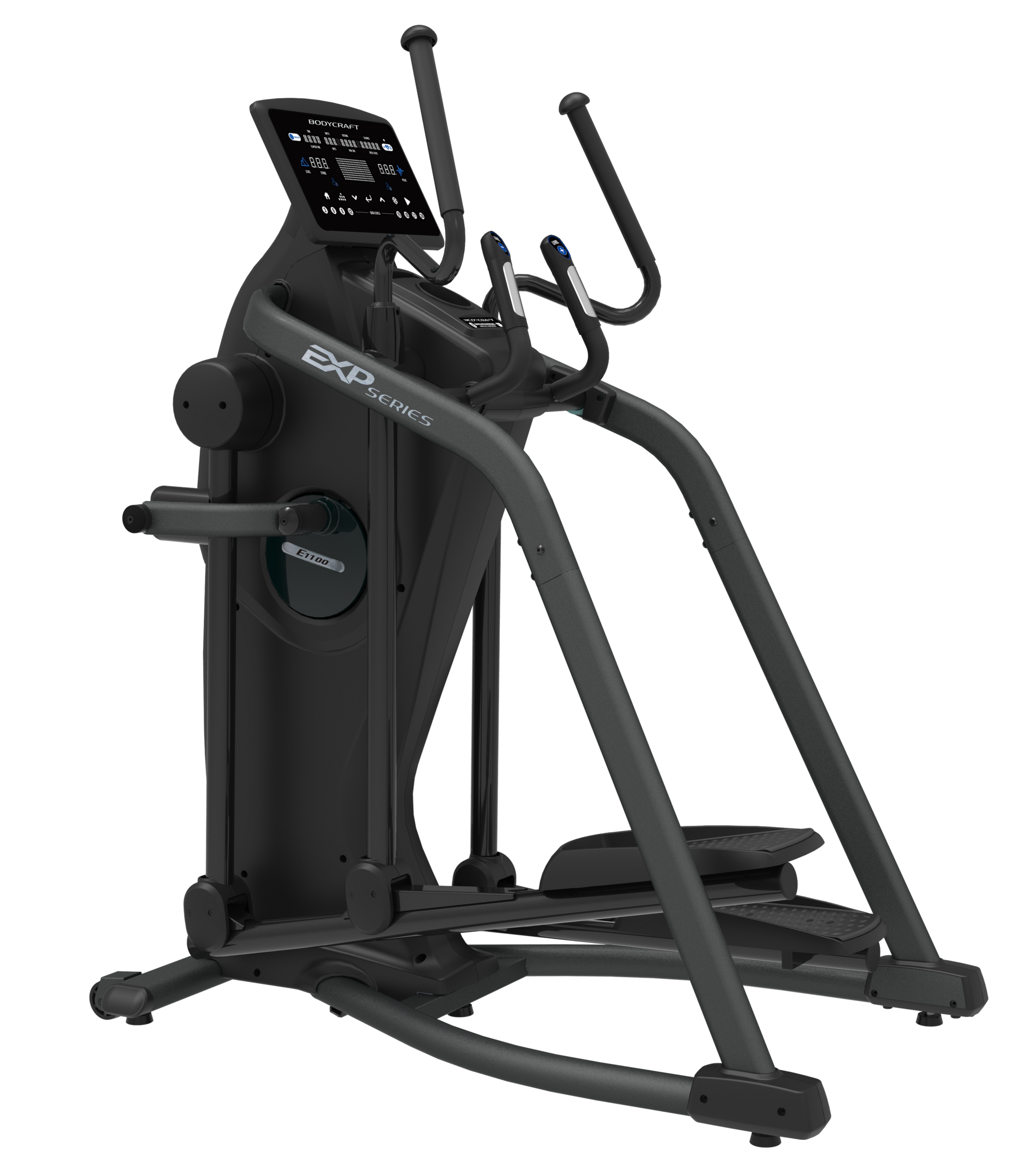 E1100 commercial elliptical crosstrainer angle view with LCD Console