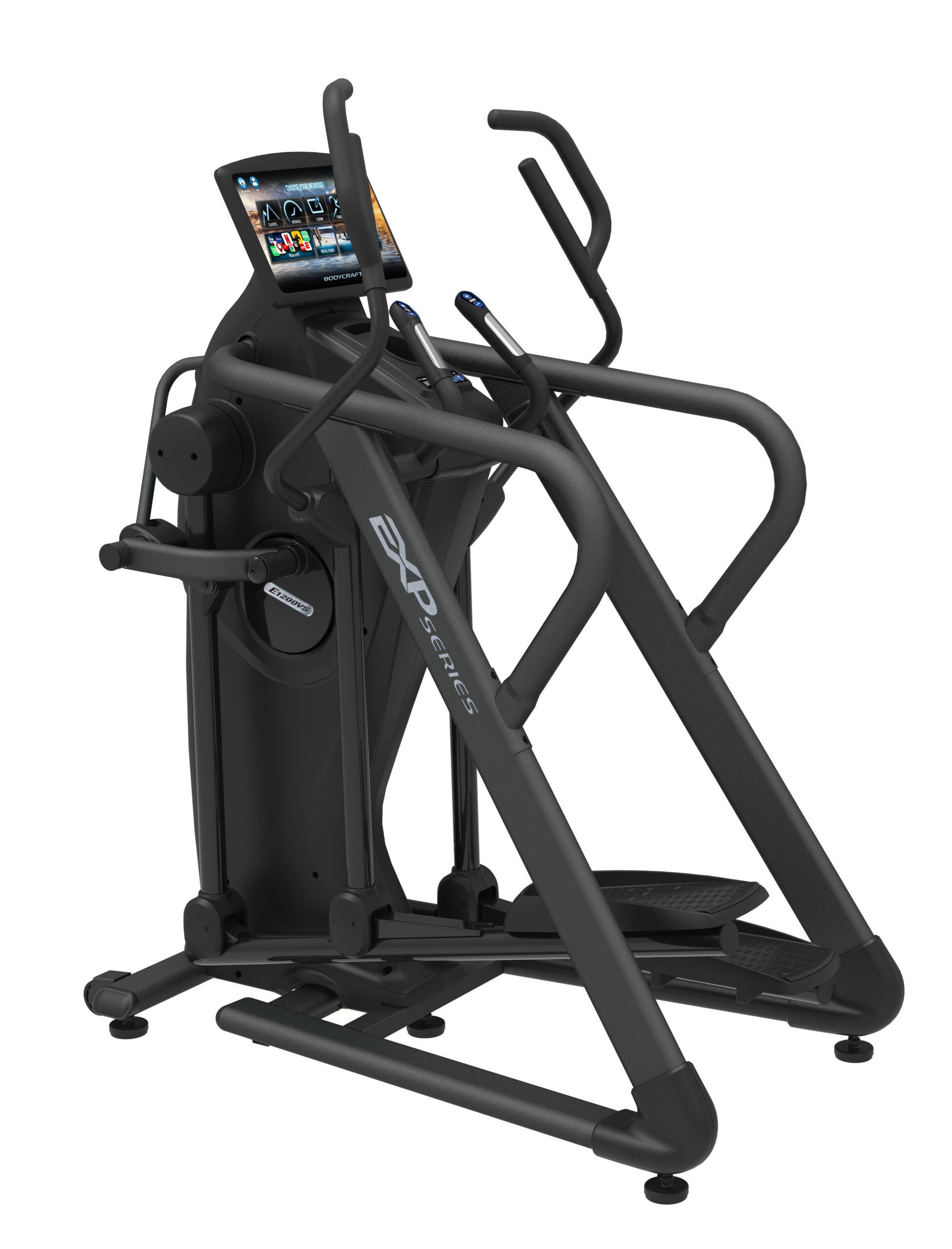 EV1200VS Elliptical with Touchscreen Console shown in black on a white backgroud