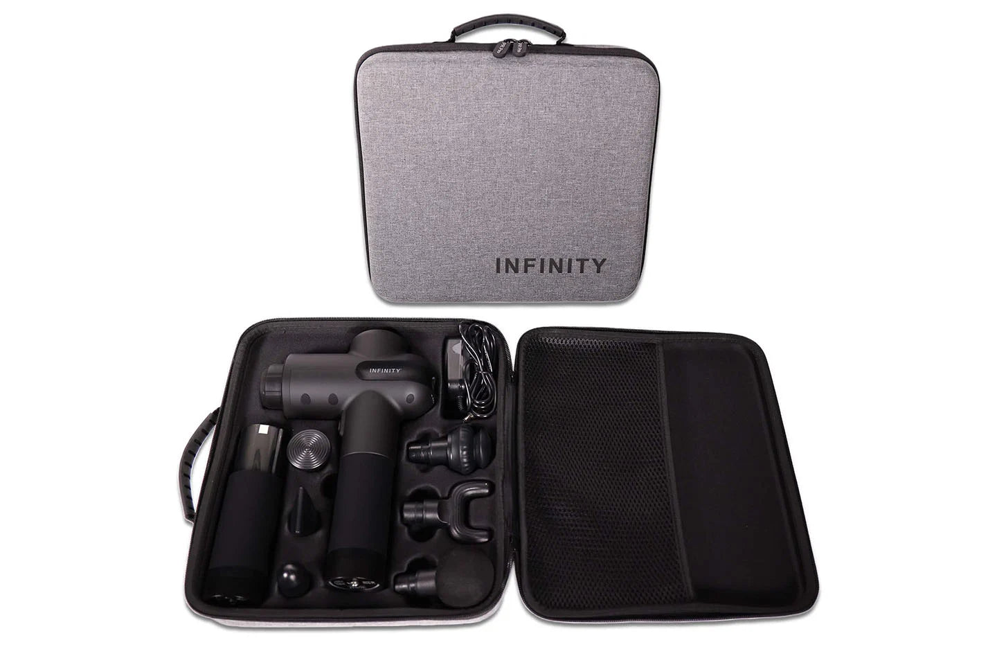 Image of the massage gun in its case with batteries and attachments