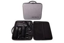 Image of the massage gun in its case with batteries and attachments
