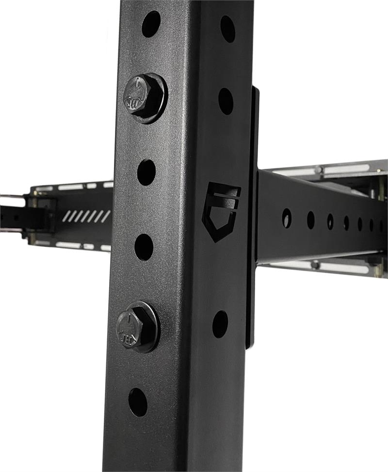 Foldable Power Rack|Folded Position|In Use|Upright Detail|J Cups