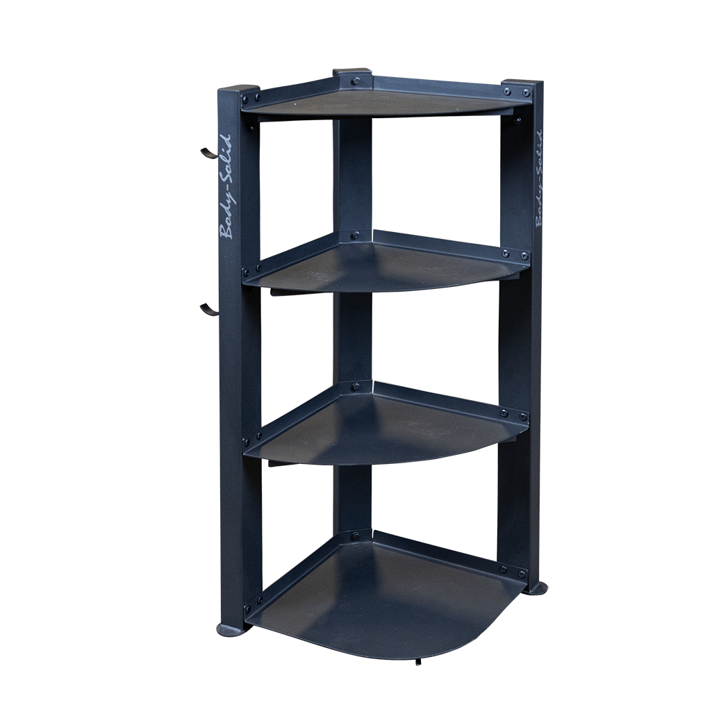 Corner storage rack shown empty