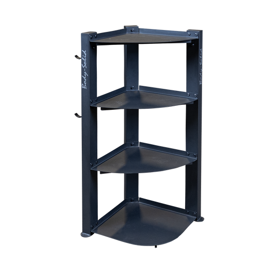 Corner storage rack shown empty