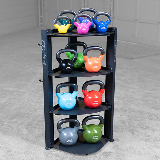 Storage corner rack shown loaded with optional kettlebells