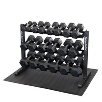 Rack loaded with rubber hex dumbbells