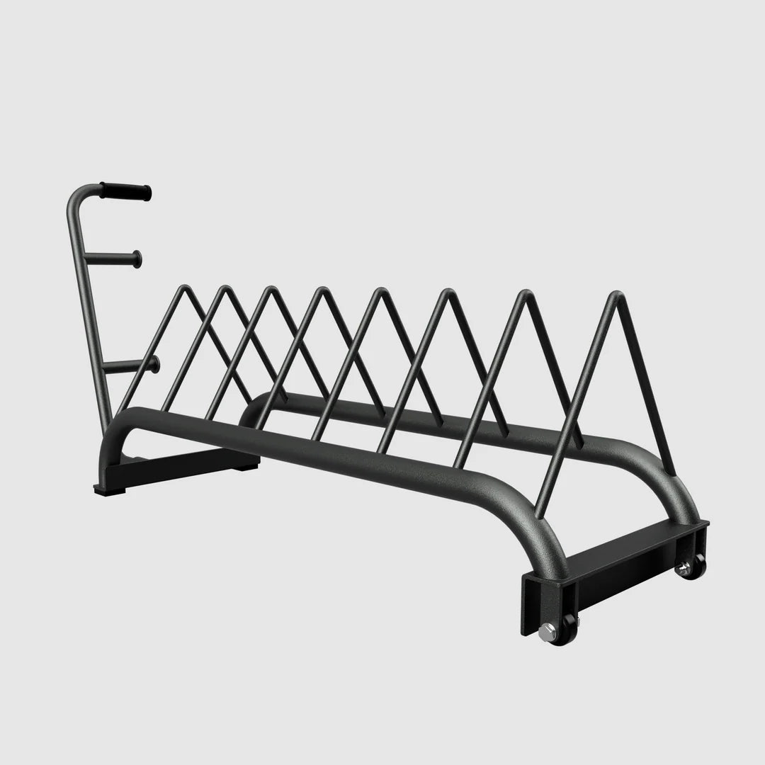 side view of plate rack without plates showing wheel end of rack