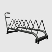 side view of plate rack without plates showing wheel end of rack