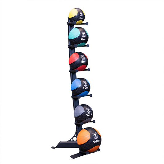 Medicine ball package - vertical 6 ball rack in color black, loaded with rubber medicine balls 4-14lbs.