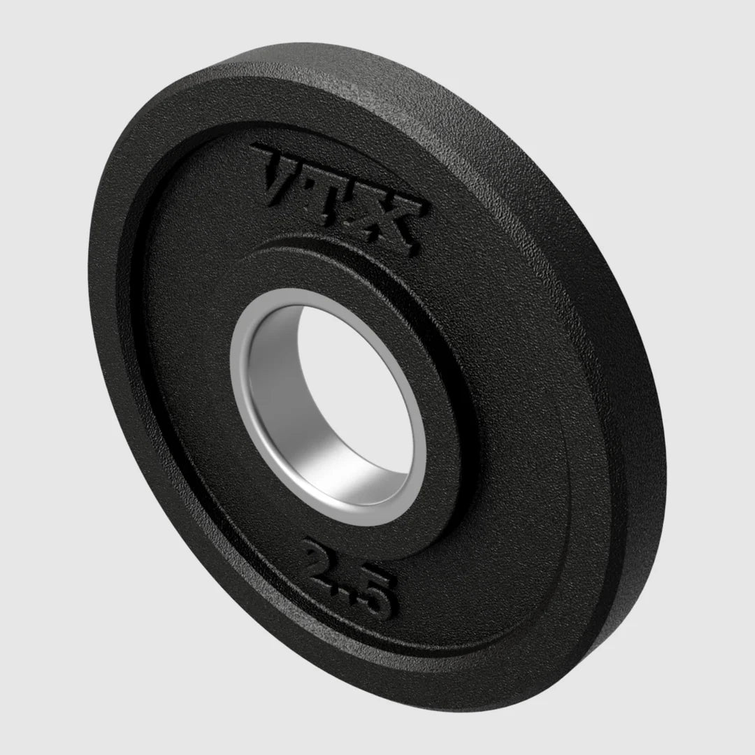 Closeup of 2.5lb rubber Olympic plate in color black with embossed logo and lb designation