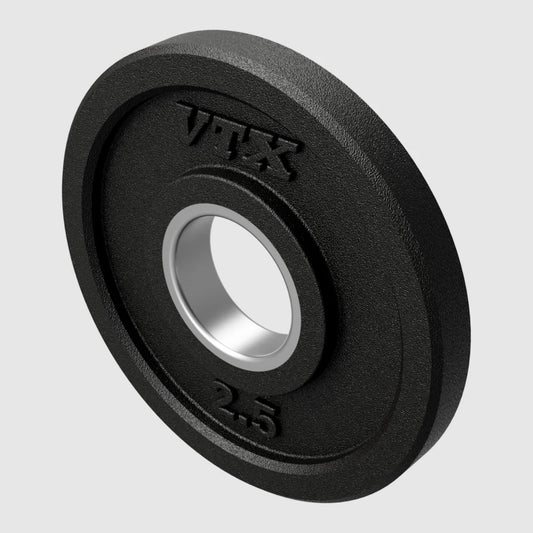 Closeup of 2.5lb rubber Olympic plate in color black with embossed logo and lb designation