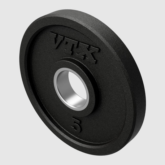 Closeup of 5lb rubber Olympic plate in color black with embossed logo and lb designation